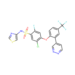 O=S(=O)(Nc1cscn1)c1cc(Cl)c(Oc2ccc(C(F)(F)F)cc2-c2ccnnc2)cc1F ZINC000095582244