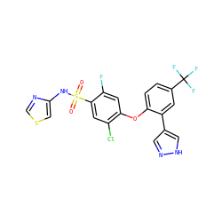 O=S(=O)(Nc1cscn1)c1cc(Cl)c(Oc2ccc(C(F)(F)F)cc2-c2cn[nH]c2)cc1F ZINC000095585385