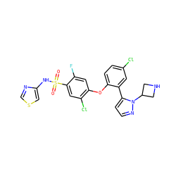 O=S(=O)(Nc1cscn1)c1cc(Cl)c(Oc2ccc(Cl)cc2-c2ccnn2C2CNC2)cc1F ZINC000095582702