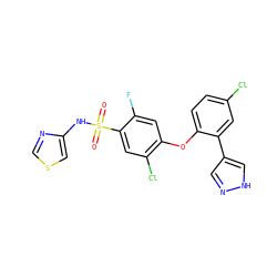 O=S(=O)(Nc1cscn1)c1cc(Cl)c(Oc2ccc(Cl)cc2-c2cn[nH]c2)cc1F ZINC000095582385