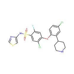 O=S(=O)(Nc1cscn1)c1cc(Cl)c(Oc2ccc(Cl)cc2C2CCNCC2)cc1F ZINC000095581701