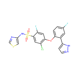 O=S(=O)(Nc1cscn1)c1cc(Cl)c(Oc2ccc(F)cc2-c2ccn[nH]2)cc1F ZINC000095583274