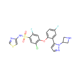 O=S(=O)(Nc1cscn1)c1cc(Cl)c(Oc2ccc(F)cc2-c2ccnn2C2CNC2)cc1F ZINC000095582419