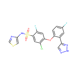 O=S(=O)(Nc1cscn1)c1cc(Cl)c(Oc2ccc(F)cc2-c2cn[nH]n2)cc1F ZINC000095583565