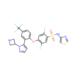 O=S(=O)(Nc1cscn1)c1cc(F)c(Oc2ccc(C(F)(F)F)cc2-c2ccnn2C2CNC2)cc1F ZINC000095584596