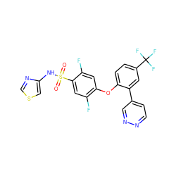 O=S(=O)(Nc1cscn1)c1cc(F)c(Oc2ccc(C(F)(F)F)cc2-c2ccnnc2)cc1F ZINC000095582574