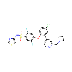 O=S(=O)(Nc1cscn1)c1cc(F)c(Oc2ccc(Cl)cc2-c2ccnc(CN3CCC3)c2)cc1F ZINC000095585651