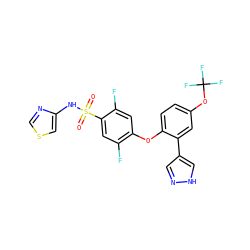 O=S(=O)(Nc1cscn1)c1cc(F)c(Oc2ccc(OC(F)(F)F)cc2-c2cn[nH]c2)cc1F ZINC000095585662