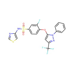 O=S(=O)(Nc1cscn1)c1ccc(Oc2cc(C(F)(F)F)nn2-c2ccccc2)c(F)c1 ZINC000095585035