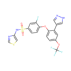 O=S(=O)(Nc1cscn1)c1ccc(Oc2ccc(OC(F)(F)F)cc2-c2cn[nH]c2)c(F)c1 ZINC000095581835