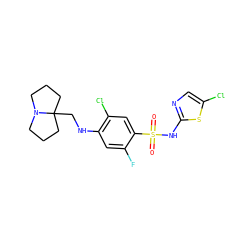 O=S(=O)(Nc1ncc(Cl)s1)c1cc(Cl)c(NCC23CCCN2CCC3)cc1F ZINC001772624192