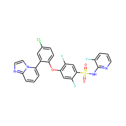 O=S(=O)(Nc1ncccc1F)c1cc(F)c(Oc2ccc(Cl)cc2-c2cccc3nccn23)cc1F ZINC000205494319