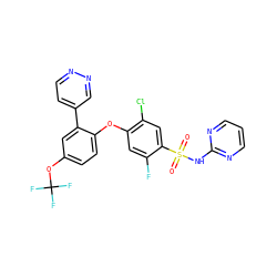 O=S(=O)(Nc1ncccn1)c1cc(Cl)c(Oc2ccc(OC(F)(F)F)cc2-c2ccnnc2)cc1F ZINC000095581842