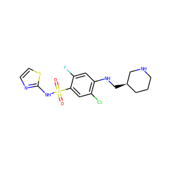 O=S(=O)(Nc1nccs1)c1cc(Cl)c(NC[C@@H]2CCCNC2)cc1F ZINC001772621234