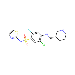 O=S(=O)(Nc1nccs1)c1cc(Cl)c(NC[C@H]2CCCNC2)cc1F ZINC001772594279