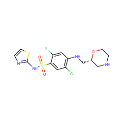 O=S(=O)(Nc1nccs1)c1cc(Cl)c(NC[C@H]2CNCCO2)cc1F ZINC001772630597