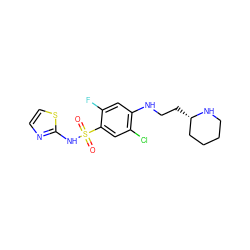 O=S(=O)(Nc1nccs1)c1cc(Cl)c(NCC[C@H]2CCCCN2)cc1F ZINC001772644261