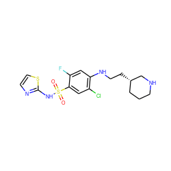 O=S(=O)(Nc1nccs1)c1cc(Cl)c(NCC[C@H]2CCCNC2)cc1F ZINC001772650921