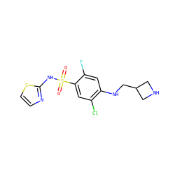 O=S(=O)(Nc1nccs1)c1cc(Cl)c(NCC2CNC2)cc1F ZINC001772627504