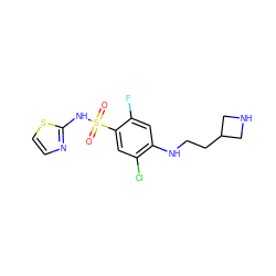 O=S(=O)(Nc1nccs1)c1cc(Cl)c(NCCC2CNC2)cc1F ZINC001772610911