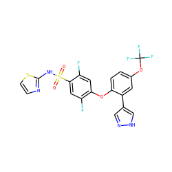 O=S(=O)(Nc1nccs1)c1cc(F)c(Oc2ccc(OC(F)(F)F)cc2-c2cn[nH]c2)cc1F ZINC000095584646