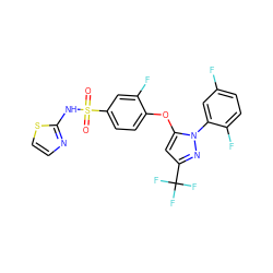 O=S(=O)(Nc1nccs1)c1ccc(Oc2cc(C(F)(F)F)nn2-c2cc(F)ccc2F)c(F)c1 ZINC000095584909