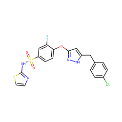 O=S(=O)(Nc1nccs1)c1ccc(Oc2cc(Cc3ccc(Cl)cc3)[nH]n2)c(F)c1 ZINC000095583962