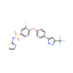 O=S(=O)(Nc1nccs1)c1ccc(Oc2ccc(-c3cc(C(F)(F)F)n[nH]3)cc2)c(F)c1 ZINC000095582983