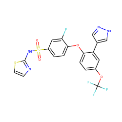 O=S(=O)(Nc1nccs1)c1ccc(Oc2ccc(OC(F)(F)F)cc2-c2cn[nH]c2)c(F)c1 ZINC000095584992