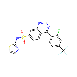 O=S(=O)(Nc1nccs1)c1ccc2c(-c3ccc(C(F)(F)F)cc3Cl)ncnc2c1 ZINC000215524690