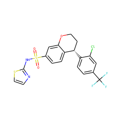 O=S(=O)(Nc1nccs1)c1ccc2c(c1)OCC[C@@H]2c1ccc(C(F)(F)F)cc1Cl ZINC000653721499