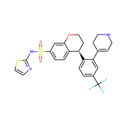 O=S(=O)(Nc1nccs1)c1ccc2c(c1)OCC[C@H]2c1ccc(C(F)(F)F)cc1C1=CCNCC1 ZINC000653742643