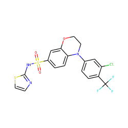 O=S(=O)(Nc1nccs1)c1ccc2c(c1)OCCN2c1ccc(C(F)(F)F)c(Cl)c1 ZINC000220258266