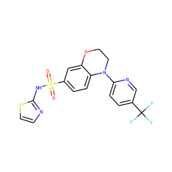 O=S(=O)(Nc1nccs1)c1ccc2c(c1)OCCN2c1ccc(C(F)(F)F)cn1 ZINC000220175929