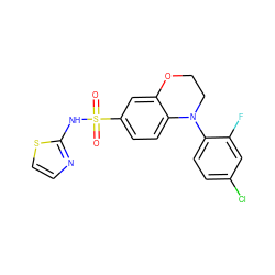 O=S(=O)(Nc1nccs1)c1ccc2c(c1)OCCN2c1ccc(Cl)cc1F ZINC000220245969