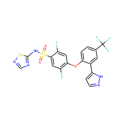 O=S(=O)(Nc1ncns1)c1cc(F)c(Oc2ccc(C(F)(F)F)cc2-c2ccn[nH]2)cc1F ZINC000095582643
