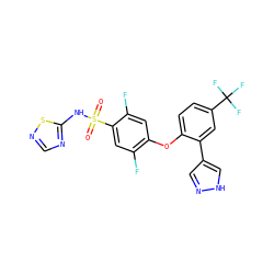 O=S(=O)(Nc1ncns1)c1cc(F)c(Oc2ccc(C(F)(F)F)cc2-c2cn[nH]c2)cc1F ZINC000095581447