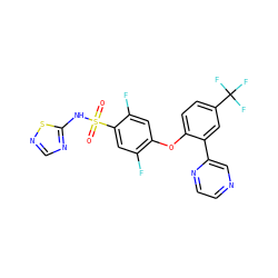 O=S(=O)(Nc1ncns1)c1cc(F)c(Oc2ccc(C(F)(F)F)cc2-c2cnccn2)cc1F ZINC000095583469