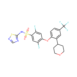 O=S(=O)(Nc1ncns1)c1cc(F)c(Oc2ccc(C(F)(F)F)cc2C2CCOCC2)cc1F ZINC000095584955