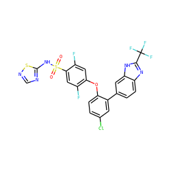 O=S(=O)(Nc1ncns1)c1cc(F)c(Oc2ccc(Cl)cc2-c2ccc3nc(C(F)(F)F)[nH]c3c2)cc1F ZINC000205511230