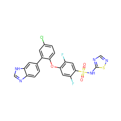 O=S(=O)(Nc1ncns1)c1cc(F)c(Oc2ccc(Cl)cc2-c2ccc3nc[nH]c3c2)cc1F ZINC000205524880