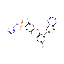 O=S(=O)(Nc1ncns1)c1cc(F)c(Oc2ccc(Cl)cc2-c2ccc3nccnc3c2)cc1F ZINC000205514405