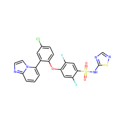 O=S(=O)(Nc1ncns1)c1cc(F)c(Oc2ccc(Cl)cc2-c2cccc3nccn23)cc1F ZINC000220682470