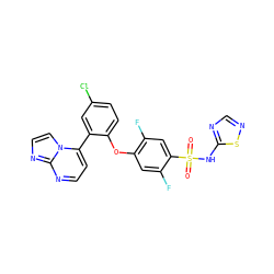 O=S(=O)(Nc1ncns1)c1cc(F)c(Oc2ccc(Cl)cc2-c2ccnc3nccn23)cc1F ZINC000205532878