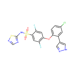 O=S(=O)(Nc1ncns1)c1cc(F)c(Oc2ccc(Cl)cc2-c2cn[nH]c2)cc1F ZINC000095585751