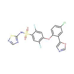 O=S(=O)(Nc1ncns1)c1cc(F)c(Oc2ccc(Cl)cc2-c2cnco2)cc1F ZINC000095582297