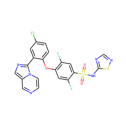 O=S(=O)(Nc1ncns1)c1cc(F)c(Oc2ccc(Cl)cc2-c2ncc3cnccn23)cc1F ZINC000205537024