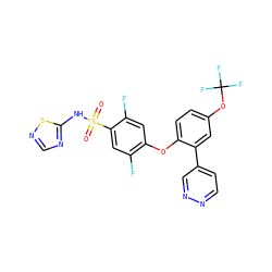 O=S(=O)(Nc1ncns1)c1cc(F)c(Oc2ccc(OC(F)(F)F)cc2-c2ccnnc2)cc1F ZINC000095585365