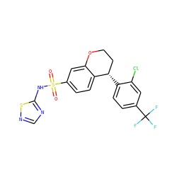 O=S(=O)(Nc1ncns1)c1ccc2c(c1)OCC[C@@H]2c1ccc(C(F)(F)F)cc1Cl ZINC000653742704