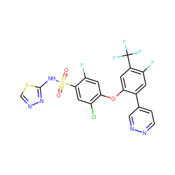O=S(=O)(Nc1nncs1)c1cc(Cl)c(Oc2cc(C(F)(F)F)c(F)cc2-c2ccnnc2)cc1F ZINC000095581783